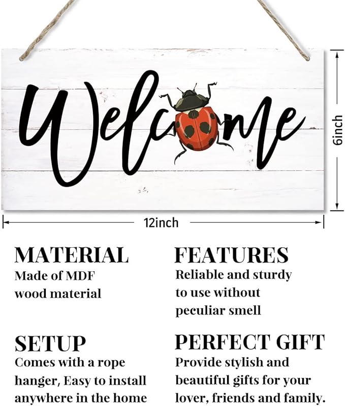 Welcome Decor Sign, Hanging Wood Sign Home Decorative, Printed Wood Wall Art Sign, Ladybug Welcome Sign, Door Sign, Front Door Wall Art Decor, Welcome Sign for Home Farmhouse Yard Garden 12 * 6inch