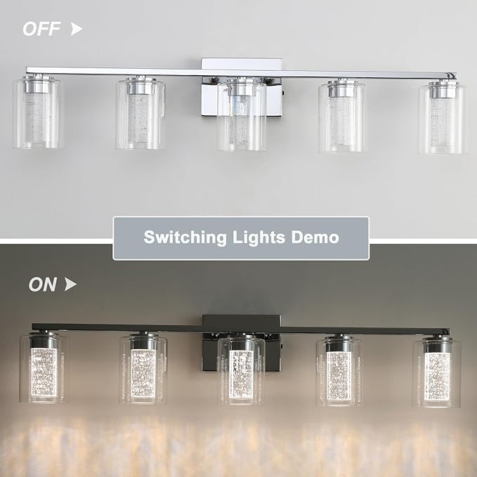 5 Light Chrome Bathroom Light Fixture, Dimmable 5CCT Chrome Bathroom Vanity Lights, 2700K-6500K Modern Crystal Bubble LED Wall Sconce Over Mirror with Clear Glass for Bedroom, Living Room