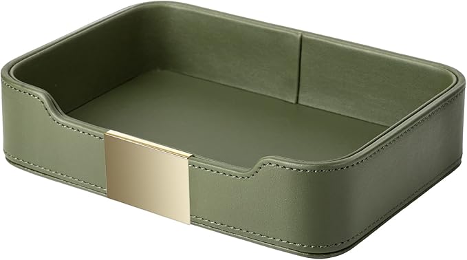 SANZIE Luxury Leather Tray Desktop Storage Catchall Organizer Decorative Tray for Entryway Table to Hold Jewelry Watch Keys Phone Wallet (Metal Glided, Green)