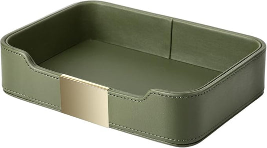 SANZIE Luxury Leather Tray Desktop Storage Catchall Organizer Decorative Tray for Entryway Table to Hold Jewelry Watch Keys Phone Wallet (Metal Glided, Green)