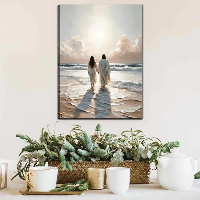 Jesus Canvas Wall Art and Woman Walking on Water Religious Coastal Wall decor pictures Christian Painting poster prints for living room bedroom Home Decoration Ready to hang (12inx16in Canvas)