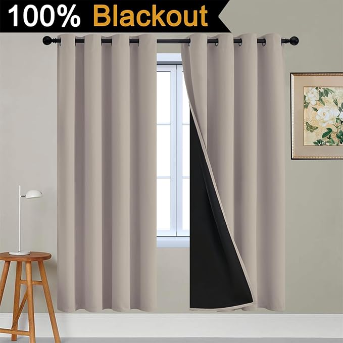Yakamok 100% Blackout Curtains 72 Inches Long, 2 Thick Layers Heat and Full Light Blocking Soft Thermal Insulated Drapes for Bedroom(52" Wide Each Panel, Natural, 2 Panels)