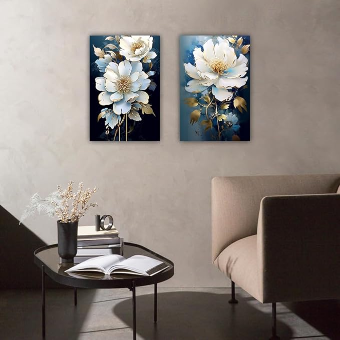 Flower Canvas Wall Art 2 Piece Navy Blue Gold and White Flower Picture Prints Floral Bloom Paintings for Bedroom Living Room Office Decor Framed(Flower,20.00" x 30.00" x 2PCS)