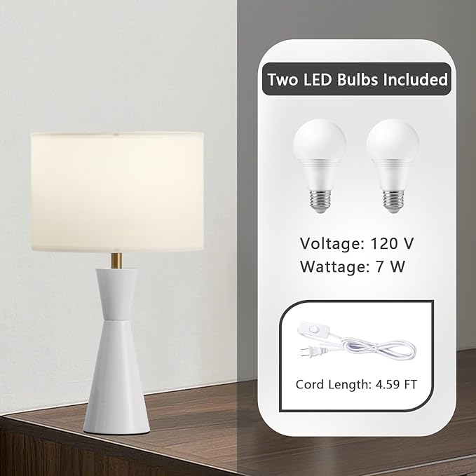 Nightstand Lamps Set of 2, 3-Color Dimmable White Bedside Lamp for Livingroom/Bedroom/Entryway and Other Rooms, Led Bulb Included