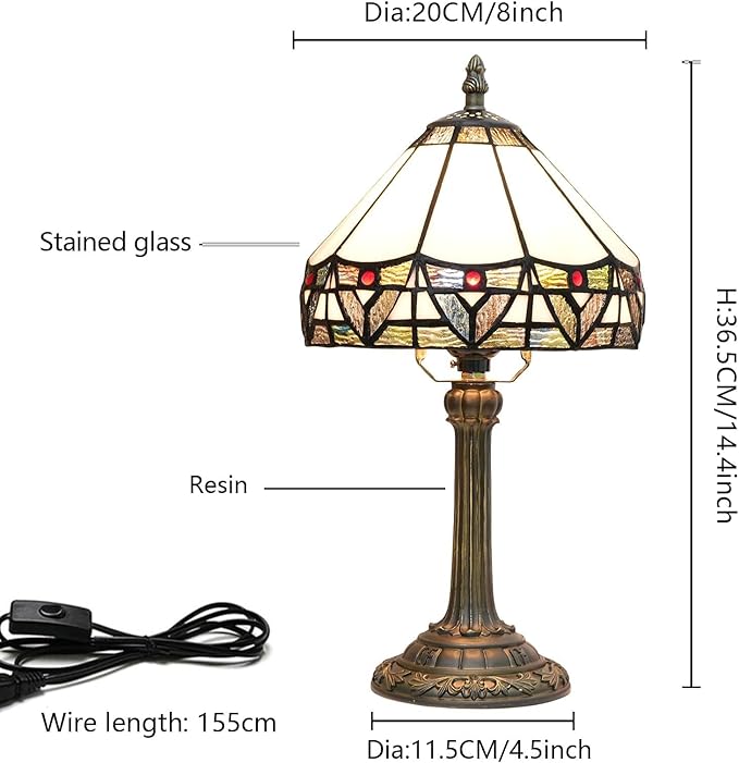 Tiffany Lamp 8 Inch Small Stained Glass Table Lamp with Roman Nordic Style Design Warm Color Reading Light Dining Rooms Bedrooms Offices Study Rooms Tiffany Style Retro Home Decoration Crafts (White)