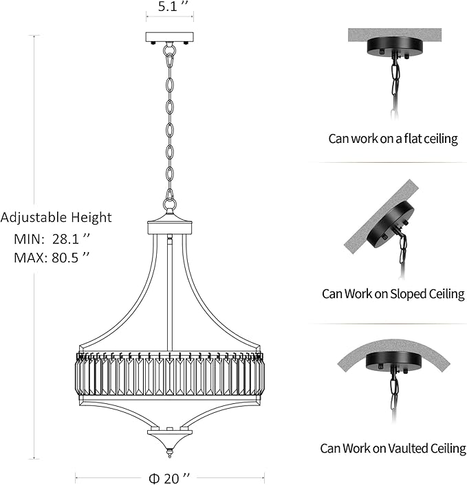 20" Brushed Nickel Chandeliers for Dining Room, 5-Light Modern Crystal Chandelier for Entryway, Hanging Round Light Fixture for Kitchen Island Living Room Bedroom Office Bathroom Staircase