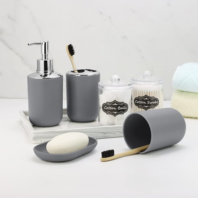 IMAVO Bathroom Accessories Set,Grey Bathroom Set,9 Pieces Bathroom Accessory Set,Tray,Qtip Holders,Toilet Brush,Trash Can for Bathroom Décor and Home Gifts