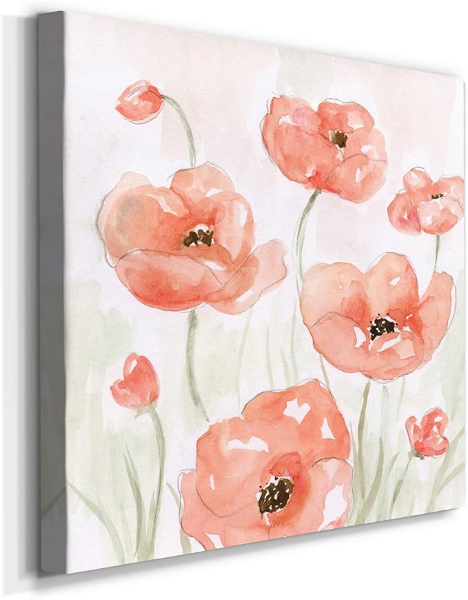 Wexford Home Square Premium Gallery Wrapped Canvas Flower Multicolor Wall Art Abstract Floral Romance Modern Pictures Print for Home Office, Ready to Hang, Spring Poppies II, 16x16