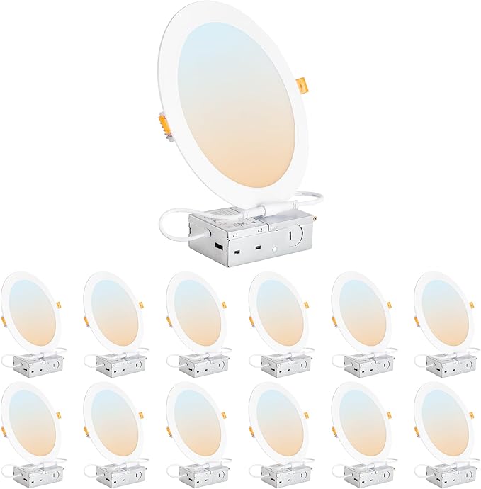 DLLT LED Recessed Ceiling Lights: 12 Pack 8 Inch 5CCT Ultra-Thin Lighting with Junction Box for Bedroom - 1800LM Brightness 18W Eqv 170W Dimmable Canless Wafer Downlight with ETL&FCC