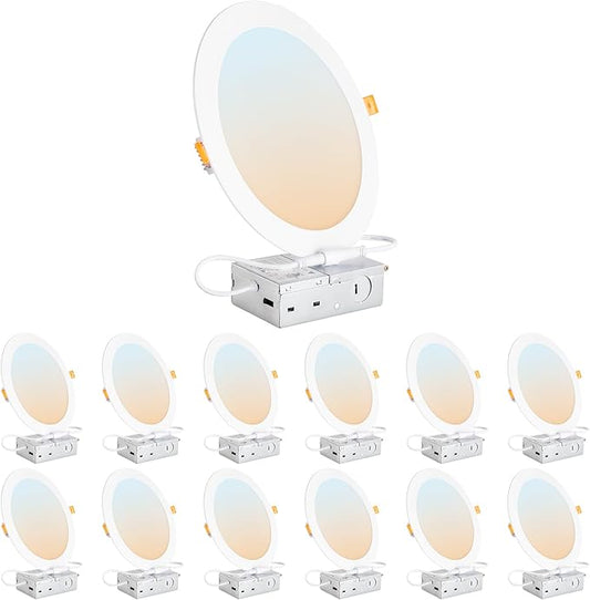 DLLT LED Recessed Ceiling Lights: 12 Pack 8 Inch 5CCT Ultra-Thin Lighting with Junction Box for Bedroom - 1800LM Brightness 18W Eqv 170W Dimmable Canless Wafer Downlight with ETL&FCC