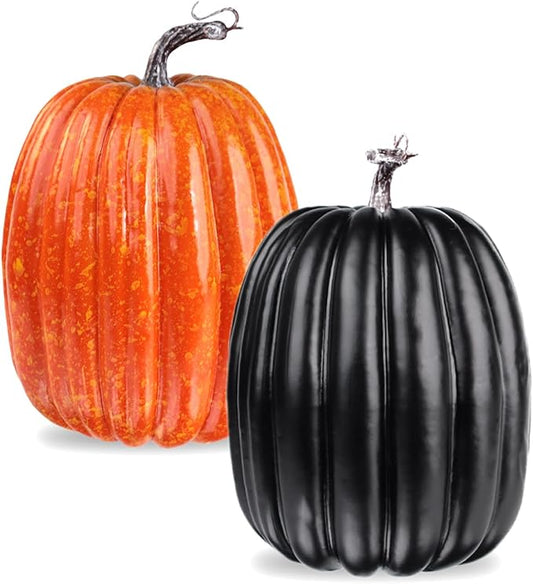 vensovo 2PCS 8 Inch Plastic Pumpkins for Decorating - Black & Orange Large Artificial Foam Pumpkins for Fall Decor, Halloween, Thanksgiving, Paintable for DIY Crafts & Centerpieces