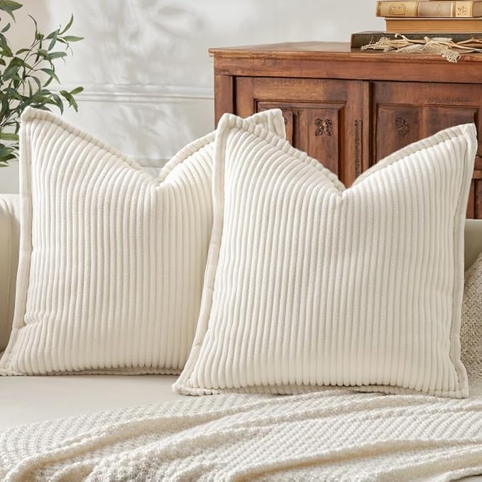 Mecatny Corduroy Throw Pillow Covers 16x16 Set of 2, Neutral Decorative Soft Boho Couch Pillow Covers with Broadside for Sofa Living Room, Cream White