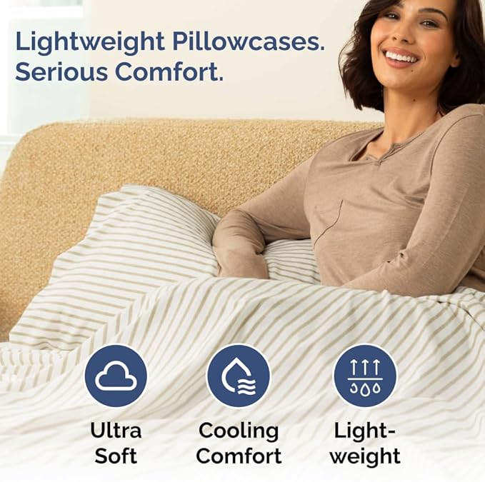 Queen Pillow Cases Set of 2 - Ultra Soft Hotel Quality Pillowcase Covers - Comfy, Cozy & Wrinkle Free - Shrinkage & Fade Resistant - Machine Washable Pillow Protectors - 2 Piece Set - Beige Stripes 2