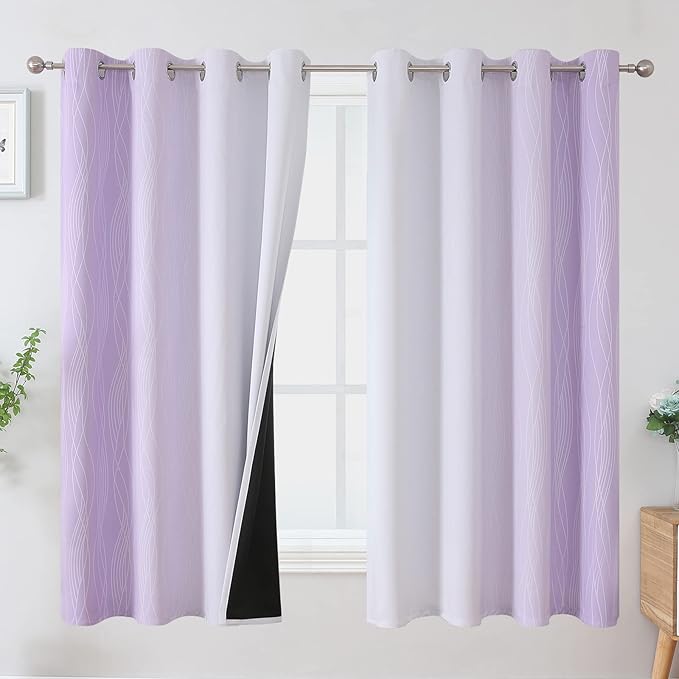 Estelar Textiler Lilac and Greyish White Blackout Curtains 63 Inch Length 2 Panels Set, Room Darkening Grommet Ombre Curtains for Bedroom, Thermal Insulated Light Blocking Gradient Drapes, 52Wx63L
