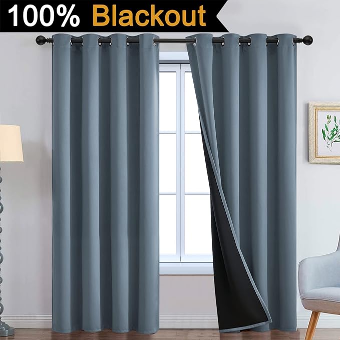 Yakamok 100% Blackout Lined Panels, Room Darkening Thermal Insulated Blackout Curtains for Bedroom, Heat Blocking Drapes for Living Room(52Wx90L, Stone Blue, 2 Panels)