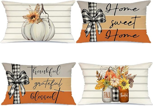 AACORS Fall Pillow Covers 12 x 20 Inch Set of 4, Pumpkin Home Sweet Home Thankful Grateful Blessed Harvest Floral Decorations Autumn Seasonal Pillow Case Decor for Sofa Couch AA557-12