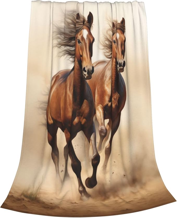 Horse Blanket Animal Horses Running Pattern Print Flannel Throw Blankets for Home Couch Bed Sofa Soft Fuzzy Lightweight Decor Gifts for All Season 80x60 Inches