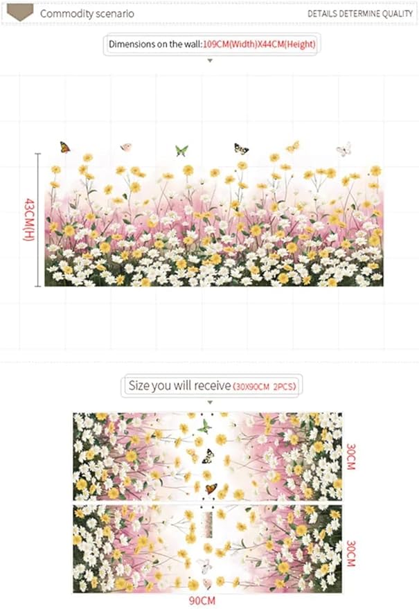 Sicker Universe 12x36 Inch Set - Daisy Flowers Sofa Bedroom Pink Gypsophila Stickers Butterfly Plant Skirting Line Floral Wall Decals for Decor, Self Adhesive Vinyl for Home Decor (Floral Design #6)