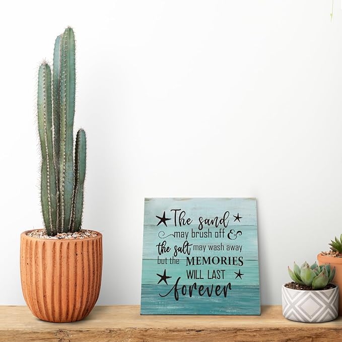 Beach Wood Sign, “The Sand May Brush Off the Salt May Wash Away but the Memories Will Last Forever”, Wooden Plaque Table Art Sign, Ocean Theme Home Decorations, Coastal House Decor, Family Sign E