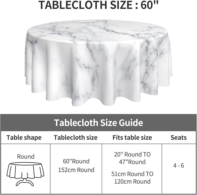 Kawani White Marble Round Tablecloth 60 Inch Ruitic Black and Grey Table Cloth Waterproof Fabric Farmhouse Abstract Tablecloths Decorative for Holiday Party Picnic