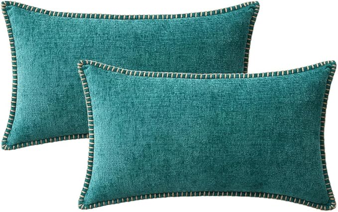 MIULEE Pack of 2 Couch Throw Pillow Covers 12x20 Inch Teal Farmhouse Decorative Pillow Covers with Stitched Edge Soft Chenille Solid Dyed Spring Pillow Covers for Sofa Bed Living Room