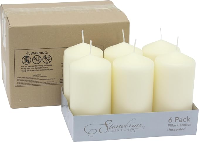 Stonebriar 6 Pack Tall 3 x 6 Inch 65 Hour Long Burning Unscented Ivory Wax Pillar Candles