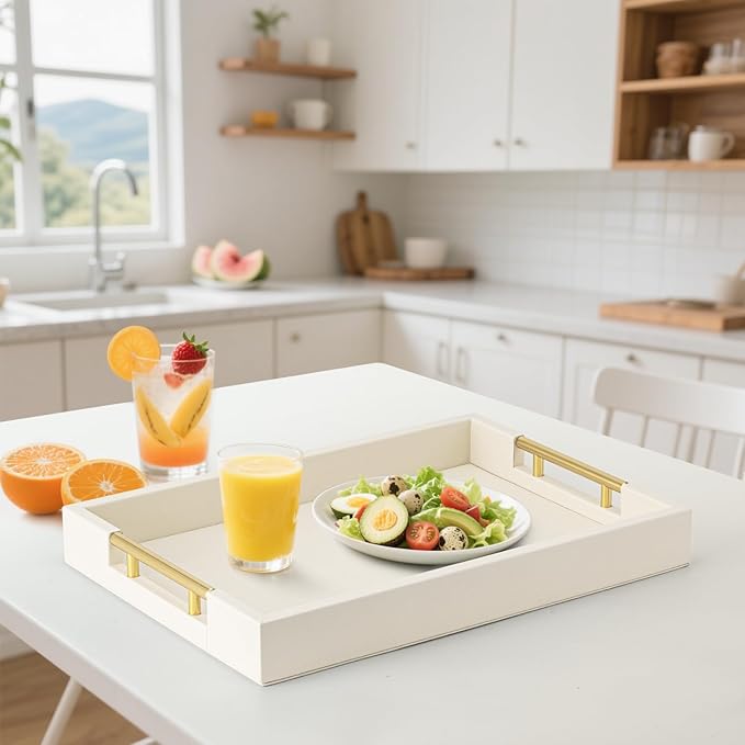 Ivory Faux Leather Serving Tray with Handles – Large Decorative Tray for Coffee Table, Ottoman, Living Room, Bathroom – Home Decor