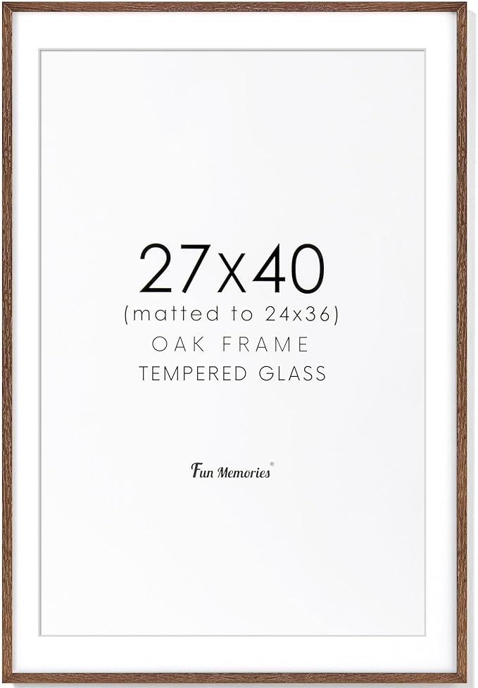 27x40 Picture Frame, Solid Oak Wood 27x40 Poster Frame for Wall, 27 x 40 Frame with Tempered Real Glass, 27x40 Frame with Mat for 24x36, Rustic Wooden 27x40 Art Frame, Walnut Color