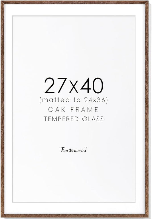 27x40 Picture Frame, Solid Oak Wood 27x40 Poster Frame for Wall, 27 x 40 Frame with Tempered Real Glass, 27x40 Frame with Mat for 24x36, Rustic Wooden 27x40 Art Frame, Walnut Color
