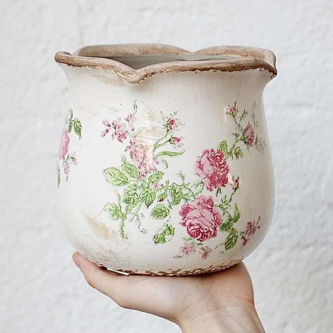 Ceramic Pots for Plants, Vintage Plant Pot with Drainage Hole, 6.11in. Planter for Indoor Plants, Crackle Glaze Finish Flower Pot, Perfect Tuscan Ceramic Planter for Gardening, Rose Floral