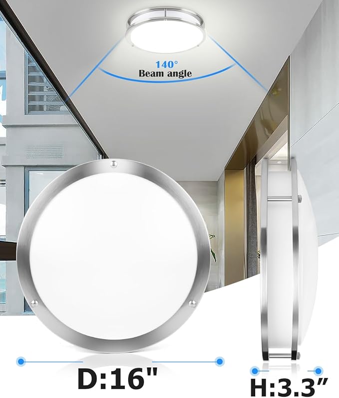 16” Brushed Nickel Flush Mount Ceiling Light Fixture - 16 Inch Brushed Nickel LED Ceiling Light 3000K/4000K/5000K Color Changing Modern Bathroom Fixture for Bedroom,25W