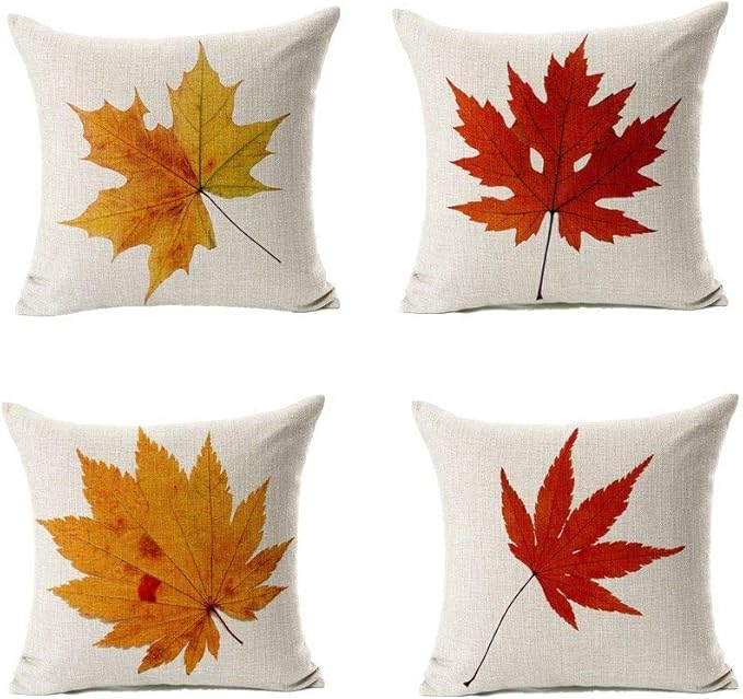 All Smiles Fall Throw Pillow Covers 26x26 Set of 4 Outdoor Maple Leaves Decorative Orange Thanksgiving Autumn Kitchen Home Decor Cushion Covers for Porch Couch Outside Harvest Decorations