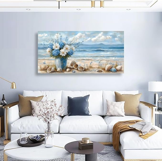 Ocean Waves Vase of Flowers Pictures Canvas Wall Art for Living room Office Bedroom Wall Decor Beach Sea Shell Wall Art Print Paintings Modern Abstract Scenery Artwork Ready to Hang-20x40inch