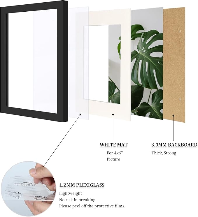 Egofine 6x8 Picture Frames Set of 4, Made of Solid Wood Covered by Plexiglass 4x6 and 5x7 with Mat or 6x8 whitout Mat, for Table Top Display and Wall Mounting Photo Frame Black