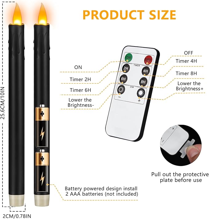 6 Pcs Black Flameless Taper Candles with Remote, 10" Tall Electric Led Candlesticks, Plastic Battery Operated Taper Candles for Halloween Dinner Party Wedding Birthday Home Décor(Black Drip)