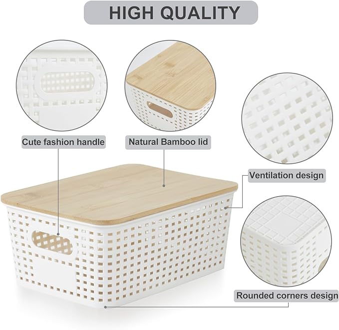 Small Plastic Storage Bins with Bamboo Lids 5.2qt Stackable Box Basket Pantry Decorative Containers Cute with Lable for Organizing Desktop Closet Office Cream White of 6 packs 10*7.2*4.1'’