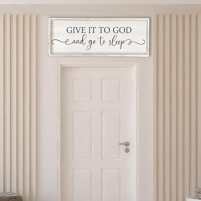 Surfapans Give It To God And Go To Sleep Sign Wall Decor Above Bed 32"x12" Master Bedroom Guest Room Over Bed Wood Rustic Framed Wall Art (White)