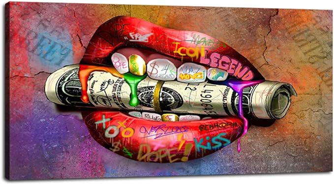 Sexy Red Lips and Dollar Colorful Graffiti Wall Art Office Home Artwork Wall Decor Inspirational Graffiti Street Wall Art Money Sexy Lips Art Print Wall Pictures Framed Ready to Hang-32 Wx16 H