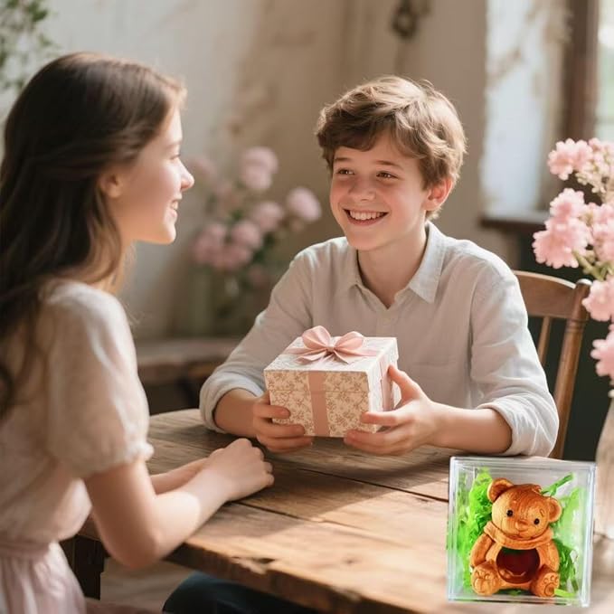 Cute Wooden Bear Figurine – Carved Hollow Love Bear Statue in Acrylic Display Box, Romantic Couples Gift for Anniversary, Valentine’s Day, Birthday, Unique Home & Office Shelf Decor