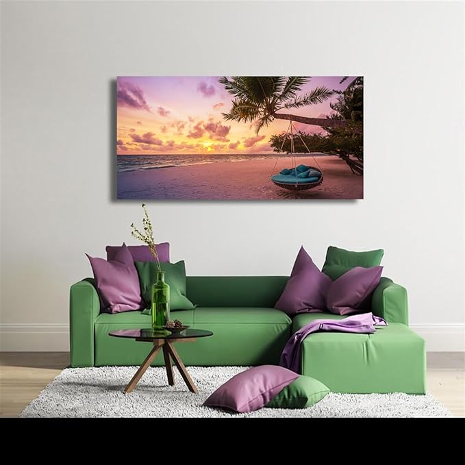 Purple Beach Palm Pictures Canvas Wall Art For Living Room Bedroom Wall Decor,Sunset Wall Art Print Paitnings For Home Decor,Morden Artwork Coconut Tree Canvas Art Ready To Hang-28x57 Inches