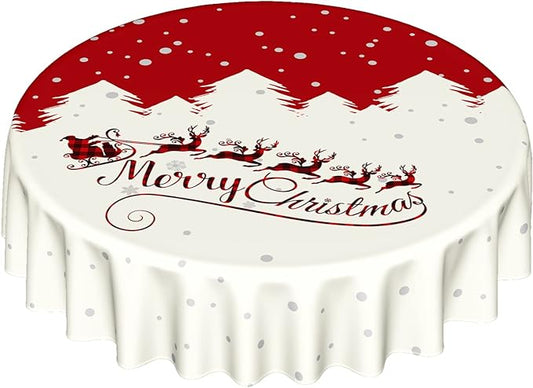 Kawani Merry Christmas Round Tablecloth in Red and Beige 60 inch Festivals Decor with Santa Claus and Elks Pattern Decorative Table Cloth for Winter Holiday Party Indoor and Outdoor Decorations