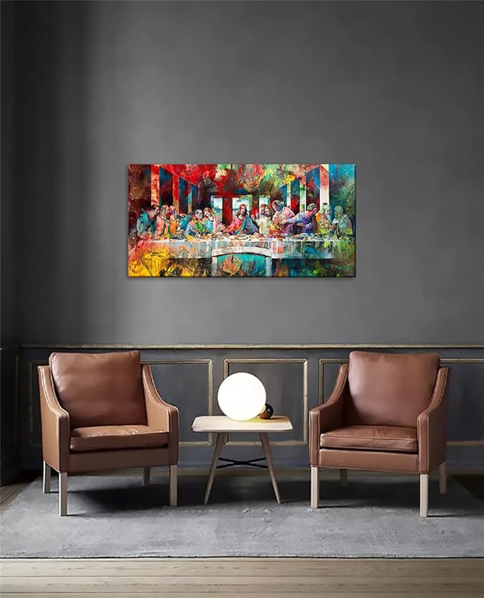 Graffiti The Last Supper Famous Painting Reproduction Color Graffiti Artwork The Last Supper Canvas Office Wall Art Woodden Pallets for Bed Gallery Wrapped Framed and Stretched Ready to Hang-32"Wx16"H
