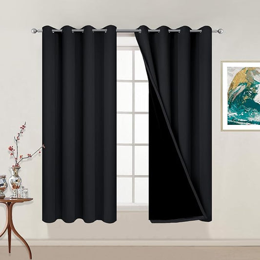 Yakamok 54 Inch Length 100% Blackout Curtains for Bedroom, 2 Thick Layers Thermal Insulated Grommet Total Blackout Drapes with Black Liner for Living Room (52Wx54L,Black, 2 Panels)