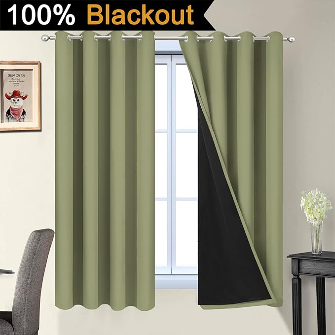Yakamok 100% Blackout Window Curtain Panels, Heat and Full Light Blocking Drapes with Black Liner for Nursery,Thermal Insulated Draperies (Sage, 2 Pieces, 52Wx63L)
