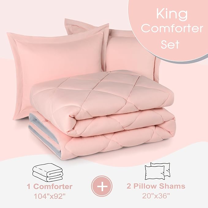 Basic Beyond King Size Comforter Set - Pink King Size Comforter Set, Reversible King Bed Comforter Set for All Seasons, Baby Pink/Grey, 1 Comforter (104"x92") and 2 Pillow Shams (20"x36"+2")