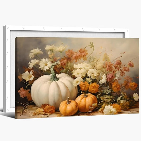 Fall Canvas Wall Art Rustic Pumpkin Posters Fall Pictures Print Dark Cottagecore Thanksgiving Wall Decor for Home Living Room 8x12inch Framed