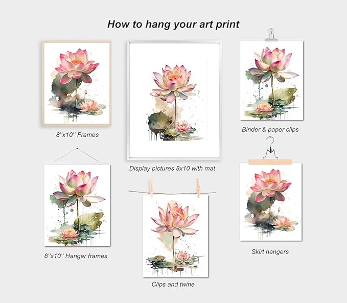 Lotus Floral Wall Art Prints,Pink Lotus Flower Canvas Wall Art,Watercolor Lotus Bloom Meditation Poster,Pink Lotus Zen Canvas Wall Art for Office Bathroom Room Decor Set of 4(8”X10”Unframed)