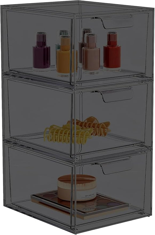 3 Pack Stackable Makeup Organizer and Storage, Acrylic Organizers，Clear Plastic Storage Drawer with Pull-Out Handles for Vanity, Undersink, Kitchen Cabinets, Pantry, Black