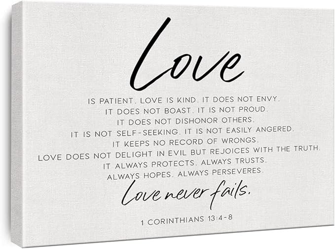 Bible Verse Canvas Wall Art Love is Patient Canvas Print Framed Scripture Painting Artwork Ready to Hang Christian Wall Decor for Home Bedroom Wedding Gift 15x11.5 Inches