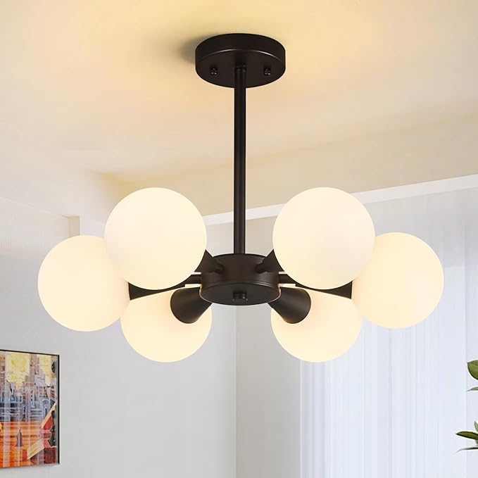 Modern Ceiling Light with Milk White Glass lampshade Black Semi Flush Mount Ceiling Light Fixture Sputnik Chandelier for Bedroom Living Room Dining Room Foyer Hallway(6-Lights)